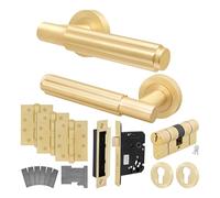 EAI Brass Fire Door Handle Euro Lock and Double Cylinder Set, Satin Brass Internal Fire Rated Door Handle Locks Hinges Flora Range 1 Pack