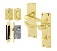 EAI Brass Victorian Scroll Bathroom Handle Set, 1 Pair Polished Brass Internal Lever Door Handles on Backplate, Lock 64mm, Hinges
