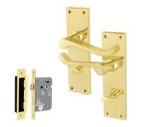 EAI Brass Victorian Scroll Bathroom Handle Set, 1 Pair Polished Brass Internal Lever Door Handles on Backplate and Lock 64mm