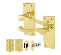 EAI Brass Victorian Scroll Latch Handle Set, 1 Pair Polished Brass Internal Lever Door Handles on Backplate, Latch 64mm, Hinges