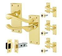 EAI Brass Victorian Scroll Latch Handle Set, 4 Pairs Polished Brass Internal Lever Door Handles on Backplate and Latch 64mm