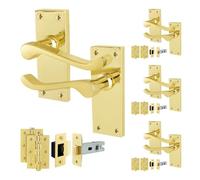 EAI Brass Victorian Scroll Latch Handle Set, 4 Pairs Polished Brass Internal Lever Latch Handles on Backplate, Latch 64mm, Hinges