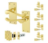 EAI Brass Victorian Scroll Latch Handle Set, 5 Pairs Polished Brass Internal Lever Latch Handles on Backplate, Latch 64mm, Hinges