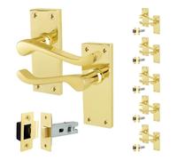 EAI Brass Victorian Scroll Latch Handle Set, 6 Pairs Polished Brass Internal Lever Door Handles on Backplate and Latch 64mm