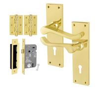 EAI Brass Victorian Scroll Lock Handle Set, 1 Pair Polished Brass Internal Lever Door Handles on Backplate, Lock 64mm, Hinges