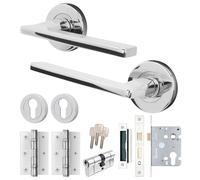 EAI Chrome Door Handle Euro Lock and Cylinder Set, Polished Chrome Internal Door Handle with Latch, Locks and Hinges - 1 Pack Elcot Range