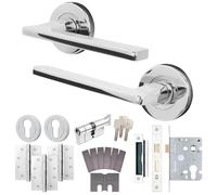 EAI Chrome Door Handle Fir Euro Lock Turn Cylinder Kit - Elcot | Complete Fir Kit: 1 Pair of Door Handles, 78mm Euro Lock, Turn Cylinder, Hinges, Intumescents, Fixings Included