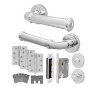EAI Chrome Fire Door Handle Bathroom Set, Polished Chrome Internal Fire Rated Door Handle with 80mm Bathroom Lock and 102mm Hinges, Cerro Range 1 Pack