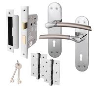 EAI Door Handle Key Lock Set - Duo Finish | Satin Nickel and Polished Chrome Internal Lever Handles on Backplate (64mm) with Hinges (76mm) & Keys