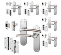 EAI Door Handle Latch Set - Duo Finish | 6 Pairs Satin Nickel and Polished Chrome Internal Lever Latch Handles on Backplate with Latch (64mm) & Hinges (76mm)