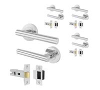 EAI Door Handle Latch Set Polished Chrome - Pack of 4 | Round T-Bar Internal Door Handles & Latch (64mm) | Silver Lever on Rose Oliena Range