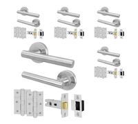 EAI Door Handle Latch Set Satin Nickel - Pack of 6 | Round T-Bar Internal Door Handles, Latch (64mm), Hinges (76mm)| Satin Lever on Rose | Oliena Range
