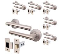 EAI Door Handle Latch Set Satin Nickel - Pack of 6 | Round T-Bar Internal Door Handles & Latch (64mm) | Satin Lever on Rose Oliena Range