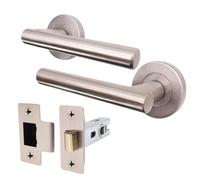 EAI Door Handle Latch Set Satin Nickel | Round T-Bar Internal Door Handles & Latch (64mm) | Satin Lever on Rose Oliena Range