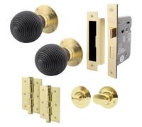 EAI Ebony Wood Bathroom Door Knob Set | 1 Pair of Mortice Knobs (55mm), Lock (80mm) & Hinges (76mm) for Internal Doors