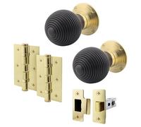 EAI Ebony Wood Door Knob Set | 1 Pair of Mortice Knobs (55mm), Latch (76mm) & Hinges (76mm) for Internal Doors