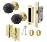 EAI Ebony Wood Key Lock Door Knob Set | 1 Pair of Mortice Knobs (55mm), Sash Lock (80mm) & Hinges (76mm) for Internal Doors