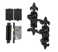 EAI Fleur De LYS Black Antique Door Handles Bathroom Kit, 1 Pair of Rustic Cast Iron Internal Handles, Lock 64mm and Hinges