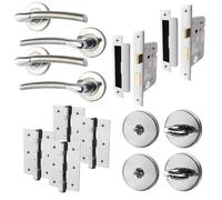 EAI Internal Door Handle Bathroom Set Duo Finish | 2X Pairs Satin Nickel and Polished Chrome Lever on Rose Round | Lock (64mm), Hinges (76mm), Turn & Release