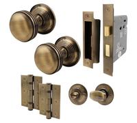 EAI Lined Bathroom Door Knob Set Antique Brass | 1 Pair of Mortice Knobs (55mm), Lock (80mm) & Hinges (76mm) for Internal Doors