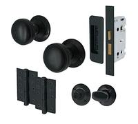 EAI Lined Bathroom Door Knob Set Matt Black | 1 Pair of Mortice Knobs (55mm), Lock (80mm) & Hinges (76mm) for Internal Doors