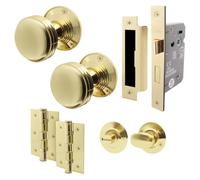 EAI Lined Bathroom Door Knob Set Polished Brass | 1 Pair of Mortice Knobs (55mm), Lock (80mm) & Hinges (76mm) for Internal Doors