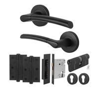 EAI Matt Black Door Handle Euro Lock Double Cylinder Kit - Bova | Complete Kit with 1 Pair of Door Handles, 78mm Euro Lock, Double Cylinder, 76mm Hinges and 2 Escutcheons, Fixings Included