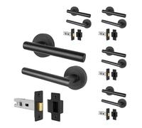 EAI Matt Black Door Handle Latch Set, 5 Pairs of Internal T-Bar Round Rose Handles and Latches 64mm - Oliena Range