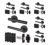 EAI Matt Black Door Handle Latch Set, 6 Pairs Internal T-Bar Round Rose Handles, Latches 64mm Hinges 76mm - Oliena