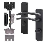 EAI Matt Black Door Handles Fir with Bathroom Lock 80mm - Elcot | Complete Fir Bathroom Kit: 1 Pair of Door Handles, 80mm Lock, 102mm Hinges, Thumb Turn, Intumescents, Fixings Included