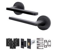 EAI Matt Black Door Handles Fir with Latch, 1 Pack - Elcot | Complete Fir Latch Kit: 1 Pair of Door Handles, 76mm Latch, 102mm Hinges, Intumescents, Fixings Included