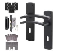 EAI Matt Black Door Handles Fir with Sash Lock 80mm - Elcot | Complete Fir Key Lock Kit: 1 Pair of Door Handles, 80mm Sashlock, 102mm Hinges, Intumescents, Fixings Included