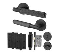 EAI Matt Black Door Handles with Bathroom Lock 64mm, Hinges - Dolton | Complete Bathroom Kit with 1 Pair of Round Knurled Door Handles, 64mm Lock, 76mm Hinges and Thumb Turn Set, Fixings Included