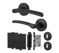 EAI Matt Black Door Handles with Sash Lock 64mm, Hinges - Bova | Complete Key Lock Kit with 1 Pair of Door Handles, 64mm Sashlock, 76mm Hinges and Escutcheons, Fixings Included