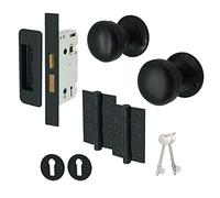 EAI Matt Black Door Knobs with Sash Lock 80mm and Hinges - Lined | Complete Sash Lock Kit with 1 Pair of Lined Mortice 55mm Door Knobs, 80mm Sash Lock, 76mm Hinges, Fixings Included