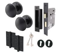 EAI Matt Black Door Knobs with Sash Lock 80mm and Hinges - Victorian | Complete Sash Lock Kit with 1 Pair of Victorian Mortice 55mm Door Knobs, 80mm Sash Lock, 76mm Hinges, Fixings Included