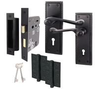 EAI Matt Black Georgian Scroll Door Handle Key Lock Set - 1 Pair Internal Handles, Hinges, Lock (80mm) & Keys - Rope Design
