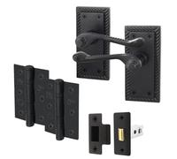 EAI Matt Black Georgian Scroll Door Handle Latch Set - 1 Pair Internal Handles, Hinges (76mm) & Latch (64mm) - Rope Design