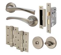 EAI Nickel Bathroom Door Handle Set | Round Internal Door Handles, Thumb Turn & Release Set, Lock (80mm) & Hinges (76mm) | Satin Nickel Novoli Range