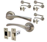 EAI Nickel Door Handle Latch Set - Pack of 4 | Round Internal Door Handles & Latch (64mm) | Satin Nickel Lever on Rose Novoli Range