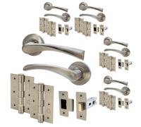 EAI Nickel Door Handle Latch Set - Pack of 5 | Round Internal Door Handles, Latch (64mm), Hinges (76mm) | Satin Nickel Lever On Rose | Novoli Range