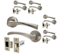 EAI Nickel Door Handle Latch Set - Pack of 5 | Round Internal Door Handles & Latch (64mm) | Satin Nickel Lever on Rose Novoli Range