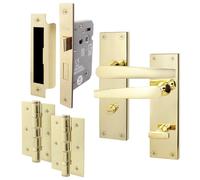 EAI Polished Brass Bathroom Door Handle Set | 1 Pair Bathroom Handles on Backplate with Lock 80mm & Hinges 76mm | Straight Pattern