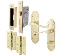 EAI Polished Brass Bathroom Door Handle Set - Victorian Scroll Shaped | 1 Pair of Internal Handles with Hinges (76mm) & Lock (80mm)