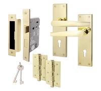 EAI Polished Brass Door Handle Key Lock Set | 1 Pair Internal Keylock Handles with Lock 80mm & Hinges 76mm | Straight Pattern