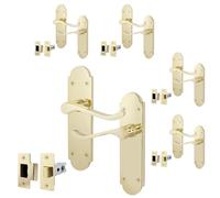 EAI Polished Brass Door Handle Latch Set - Victorian Scroll Shaped | 5 Pairs of Internal Latch Handles with Hinges (76mm) & Latches (64mm)