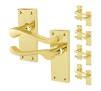 EAI Polished Brass Door Handles, 5 Pairs on Backplate - Victorian Scroll