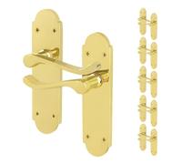 EAI Polished Brass Door Handles, 6 Pairs on Backplate - Victorian Scroll