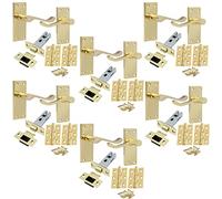 EAI Polished Brass Door Handles, 6 Pairs on Backplate - Victorian Scroll