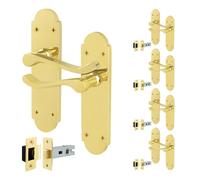 EAI Polished Brass Door Handles with Latch 64mm, 5 Pack - Victorian Scroll